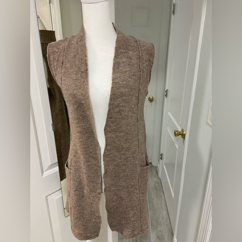 St. Tropez Brown 100% Wool Open-Front Vest/Cardigan Size S/M
